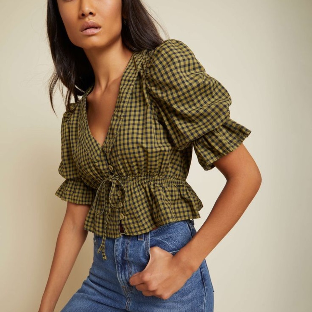 Nation LTD Sonja Top - Black and Olive Gingham NWT